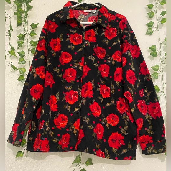 Newport News Easy Style Black red rose blouse bottom Shirt Size 18 - Picture 2 of 12